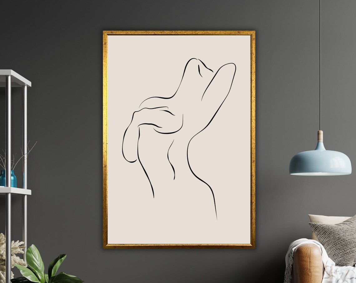 Minimalist Single Line Nude Figure Drawing Beige Modern Art Wall Poster