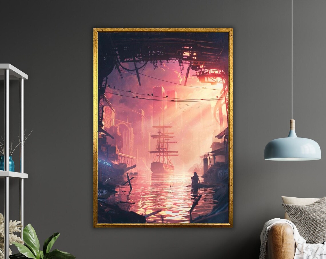 Ship In Sea Art Nautical Wall Decor Ready To Hang Coastal Painting Framed Ocean Print