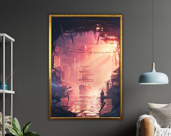 Ship In Sea Art Nautical Wall Decor Ready To Hang Coastal Painting Framed Ocean Print
