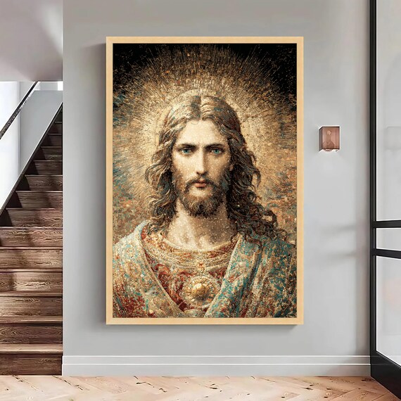 Jesus Christ Mosaic Portrait Golden Halo Religious Christian Poster