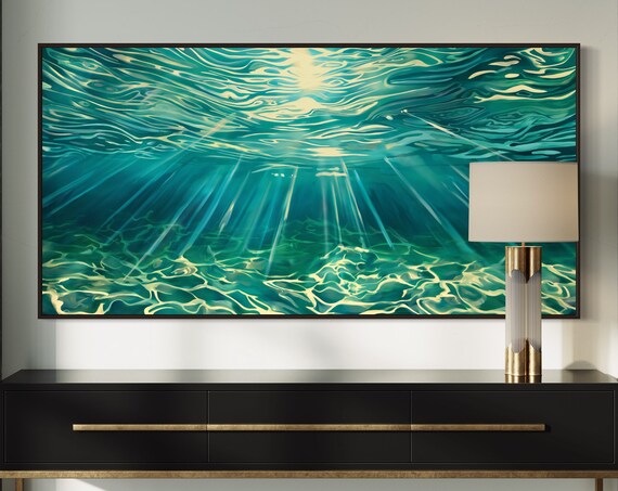 Enchanted Waters Turquoise Water Panoramic Wall Art Print With Sun Rays Perfect Sea Artwork For Nautical And Beach Cottage Decor