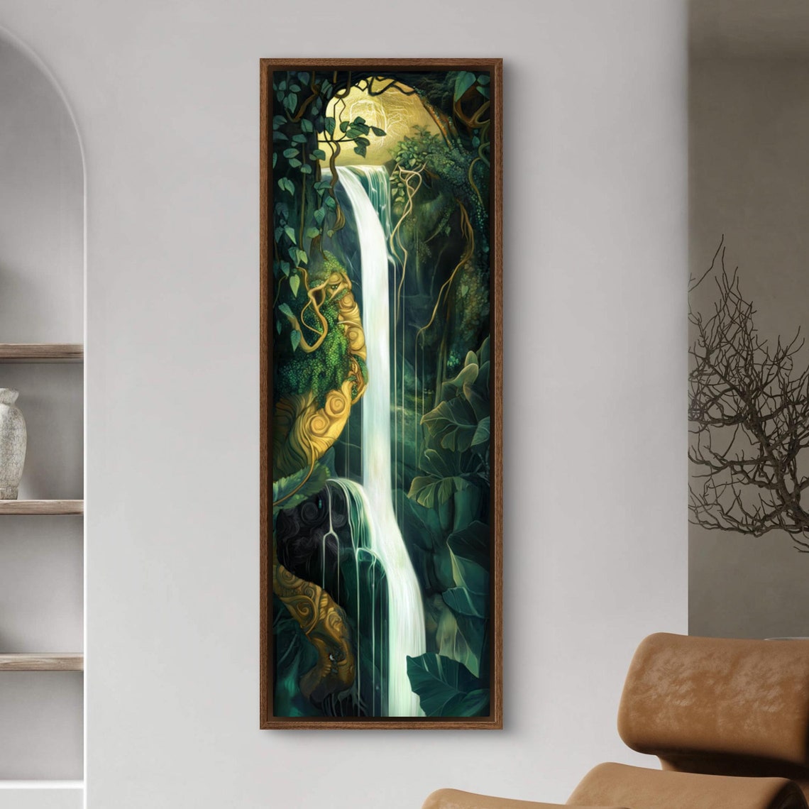 Lush Jungle Waterfall Golden Light Tall Vertical Emerald Forest Poster