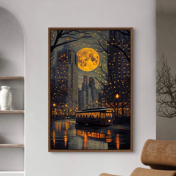 Night Cityscape Wall Art Atmospheric Urban Print With Full Moon Rainy Tram Scene And Golden Reflections Perfect For Moody Decor