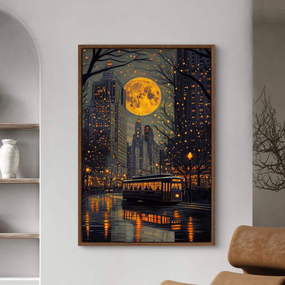 Night Cityscape Full Moon Rainy Tram Street Golden Lights Poster