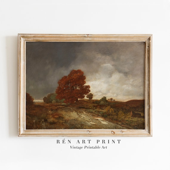 Moody Fall Landscape Painting, Vintage Autumn Print