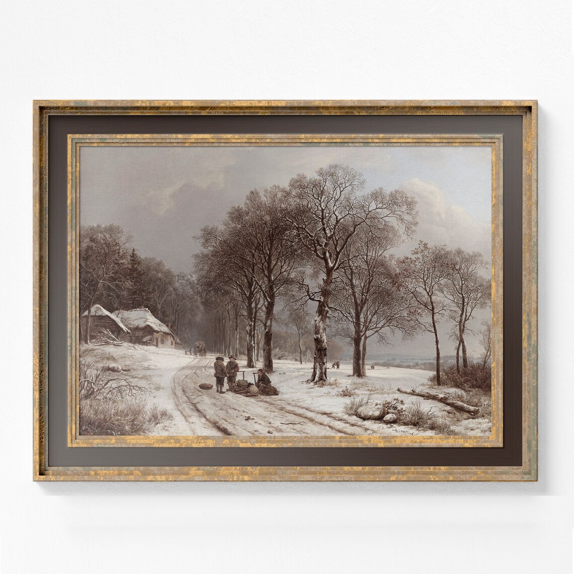 Antique Winter Woodcutters on Snowy Village Road Landscape Art Poster - Image 3