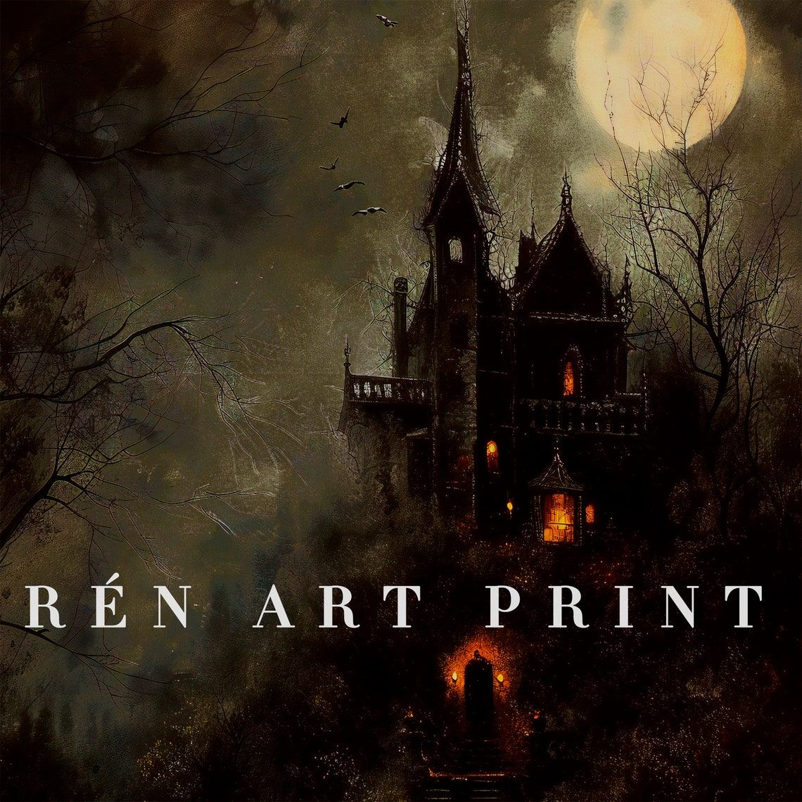 Dark Haunted Gothic Mansion Full Moon Spooky Halloween Wall Art - Image 3