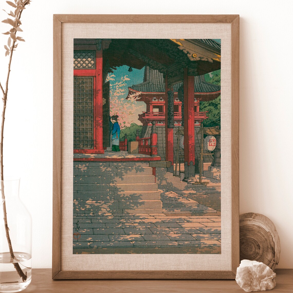 Japanese Temple Red Pagoda Cherry Blossom Woodblock Style Art Print - Image 3