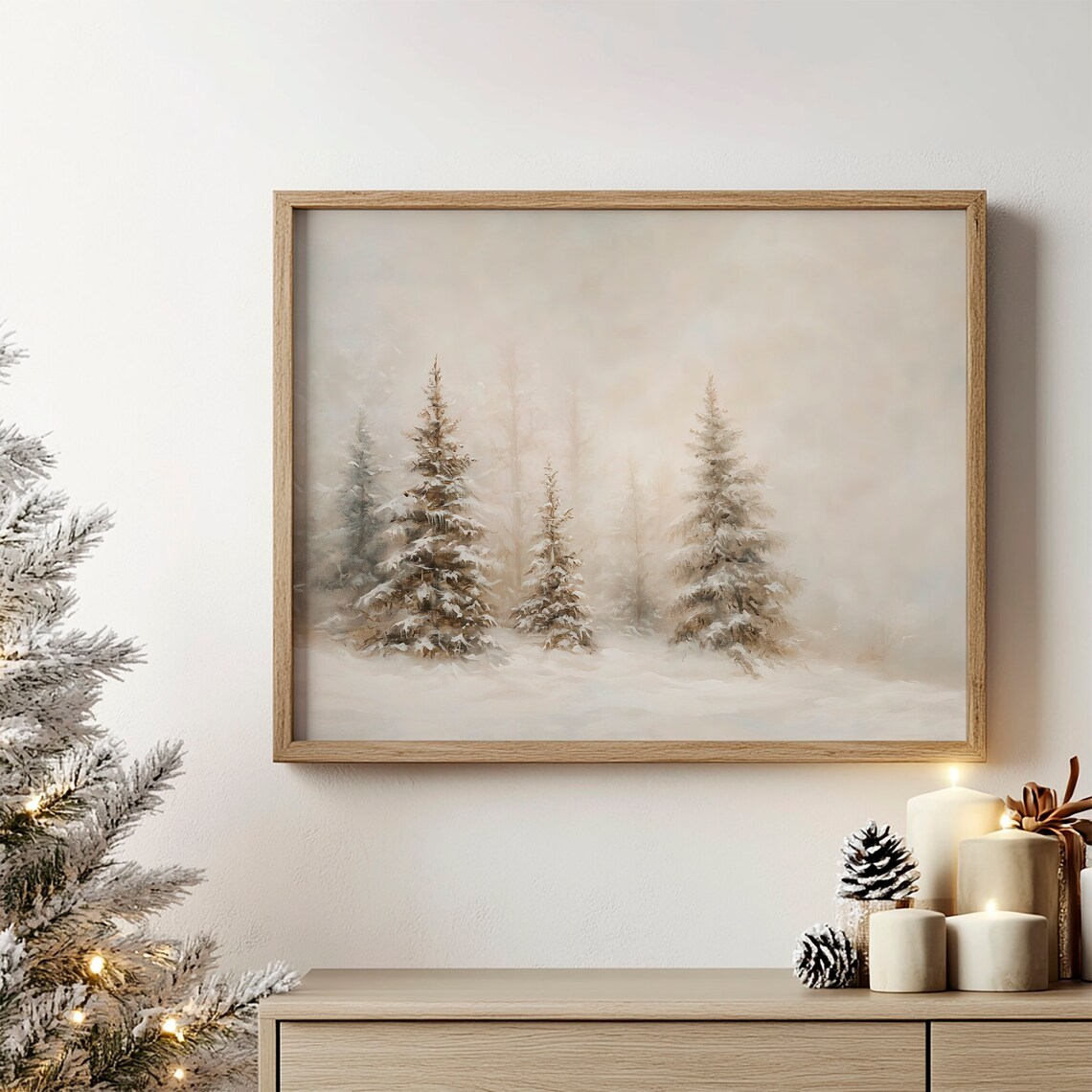 Neutral Christmas Vintage Winter Landscape Art Print - Image 2