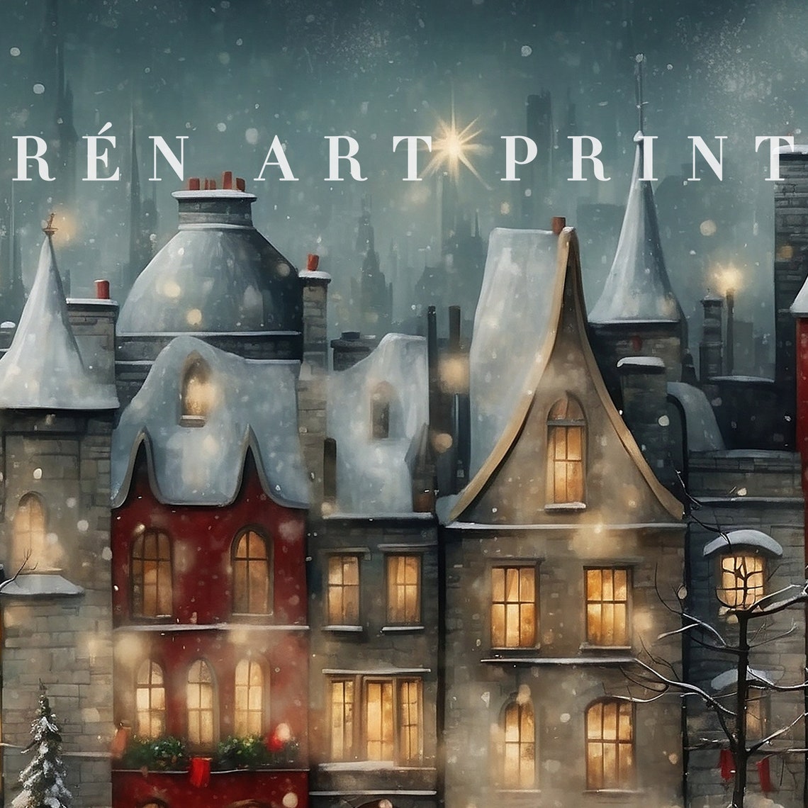 Christmas Town Night Glowing Windows Snowy Street Vintage Print - Image 3