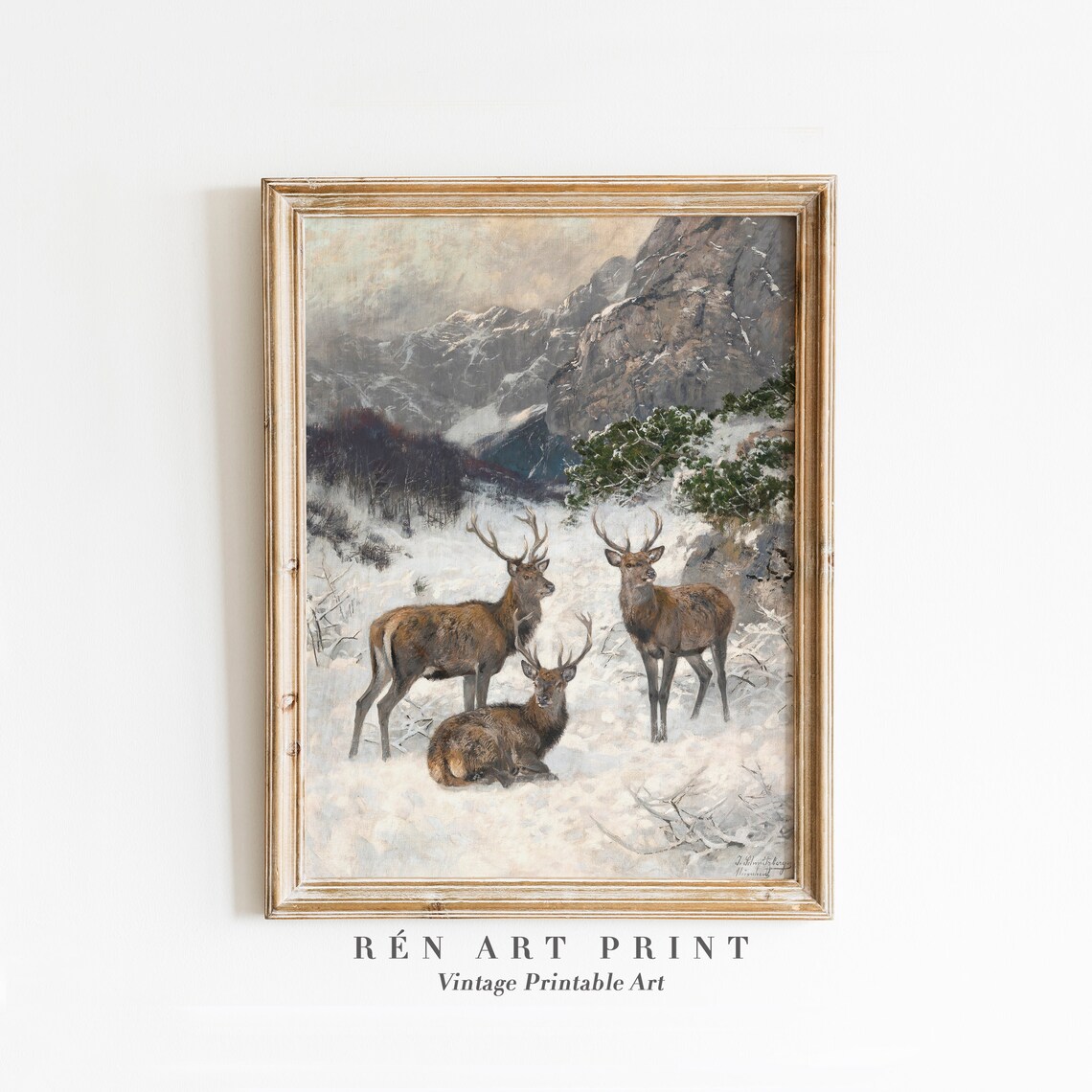 Three Red Deer Stags Snowy Mountain Antique Wildlife Painting Art Poster