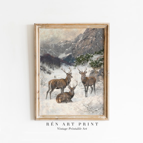 Three Red Deer Stags Snowy Mountain Antique Wildlife Painting Art Poster
