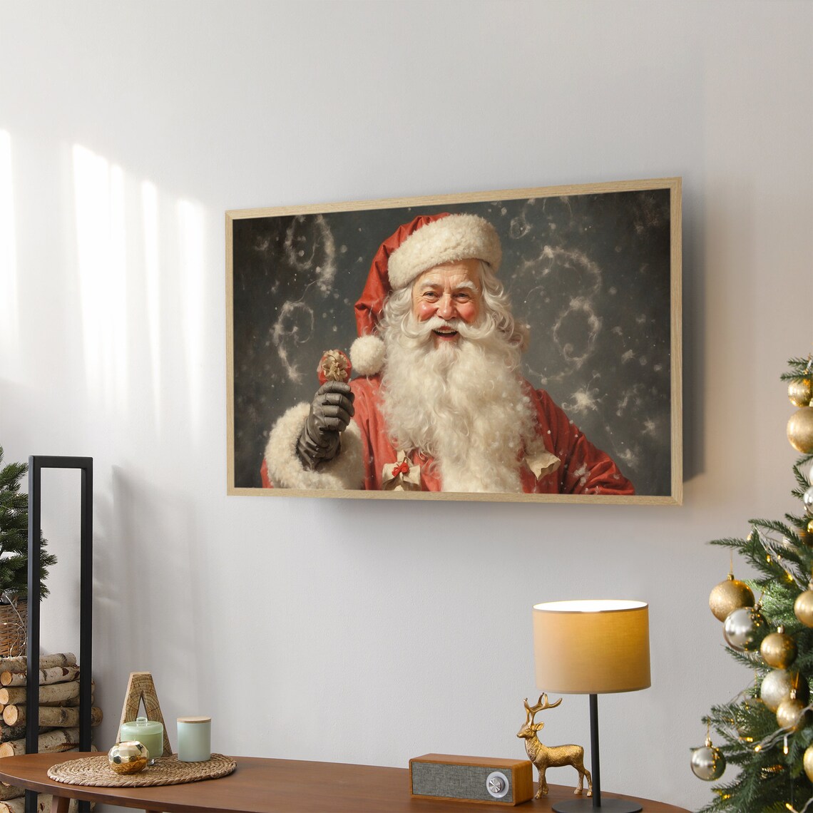 Smiling Santa Claus Holding Ornament Vintage Christmas Art Print - Image 3