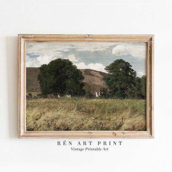 Summer Meadow with Tall Grass and Oak Trees Hillside Art Poster