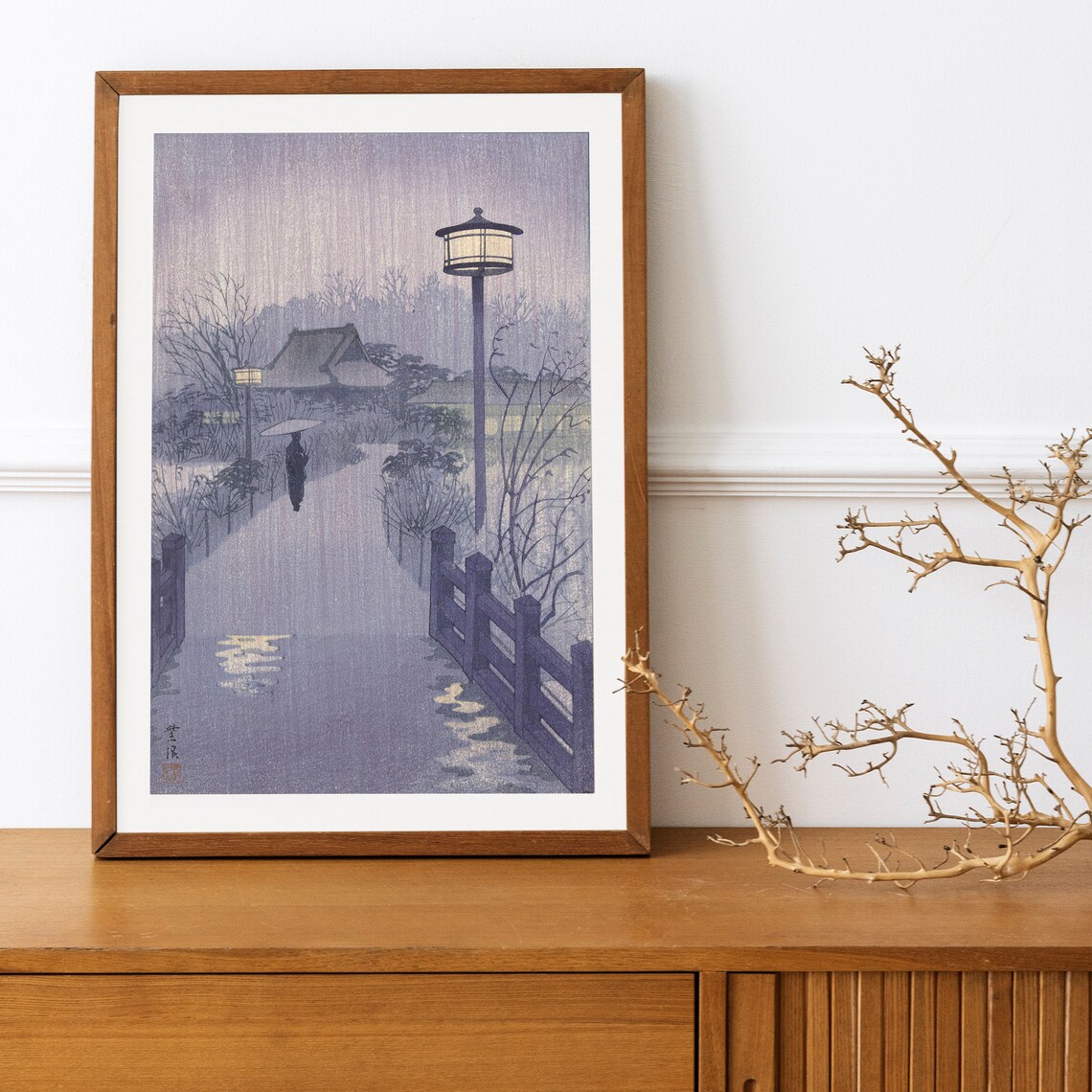 Japanese Woodblock Evening Rain Bridge Scene Lanterns Umbrella Print - Image 2