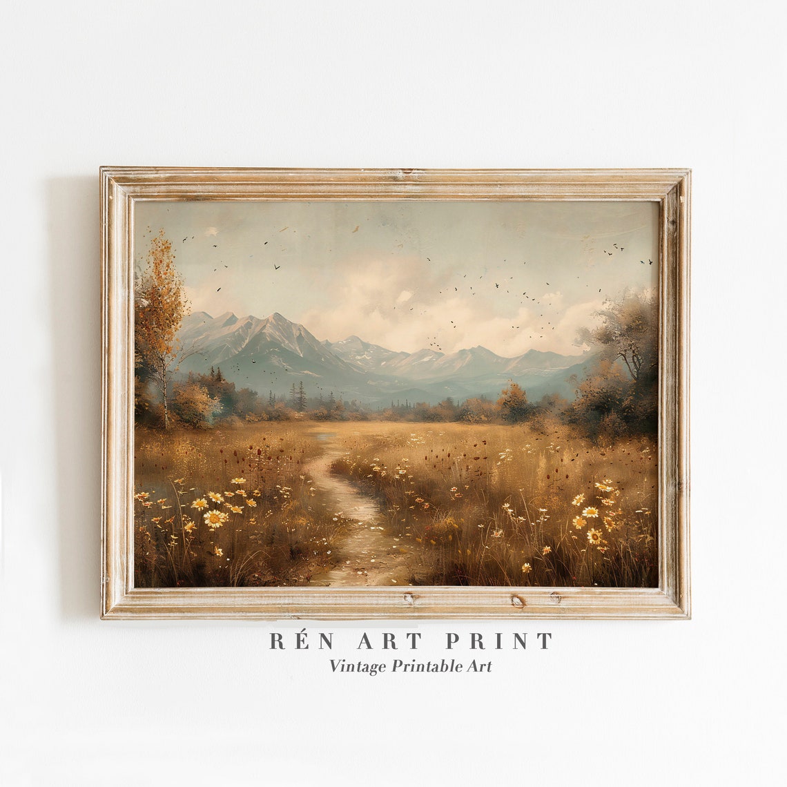 Autumn Meadow Wildflowers Path to Snowy Mountains Rustic Poster