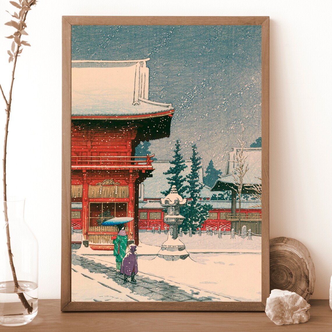 Red Winter Japanese Woodblock Snowy Temple Shrine Vintage Wall Art - Image 3
