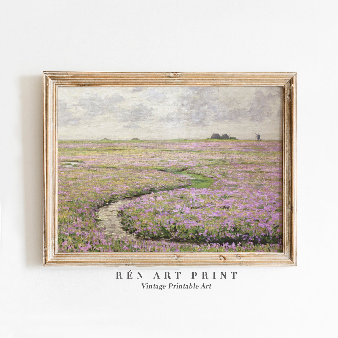 Spring Wildflower Meadow with Stream and Windmill Vintage Poster
