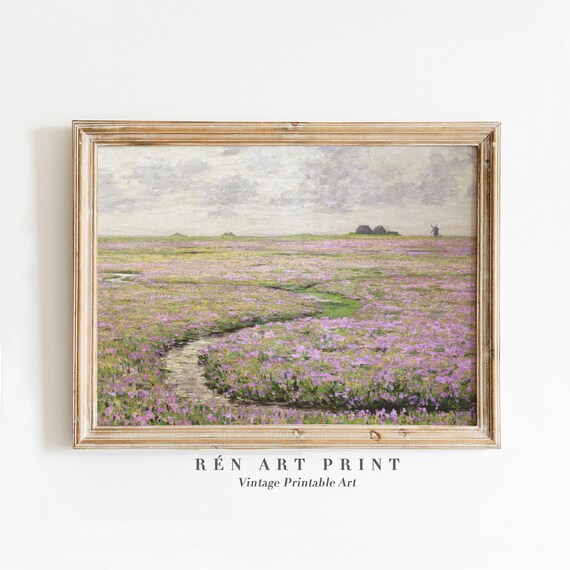 Spring Wildflower Meadow with Stream and Windmill Vintage Poster
