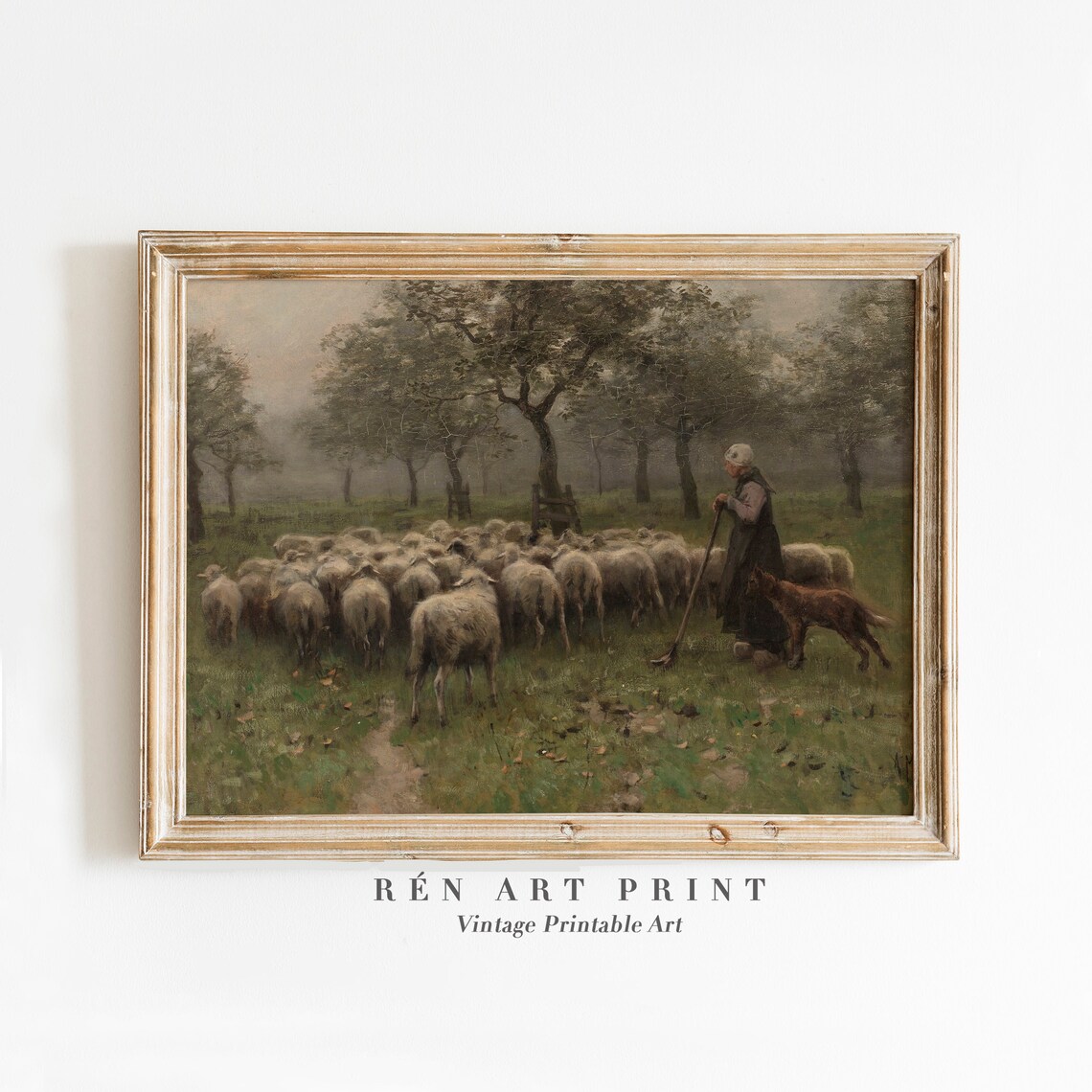 Shepherdess with Sheep Flock and Dog Pastoral Oil Painting Print