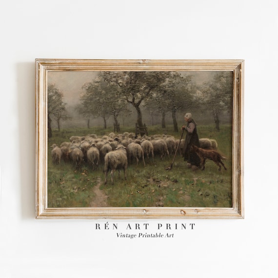 Shepherdess with Sheep Flock and Dog Pastoral Oil Painting Print