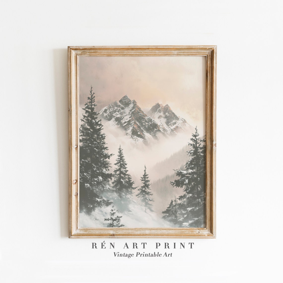Misty Snowy Mountain Peaks with Pine Trees Winter Art Poster - Image 3