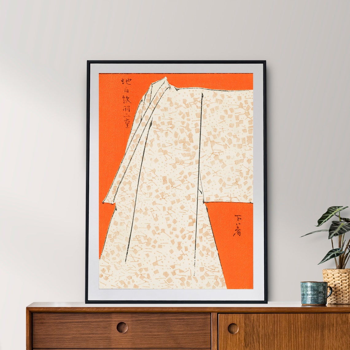 Japanese Kimono Woodblock Vintage Cream Pattern Orange Art Poster - Image 2