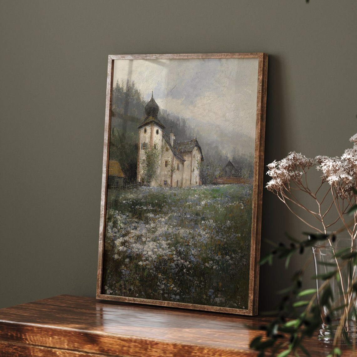 Old Chapel Tower in Alpine Meadow Vintage Landscape Oil Painting Print - Image 3
