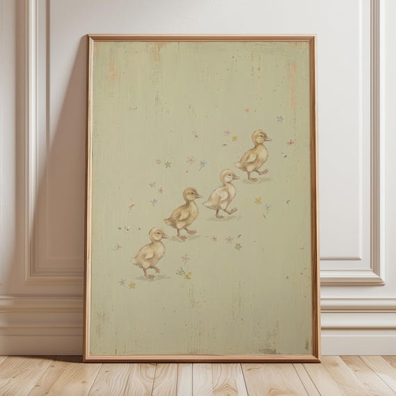 Vintage Duckling Nursery Folk Art Print, Cottagecore