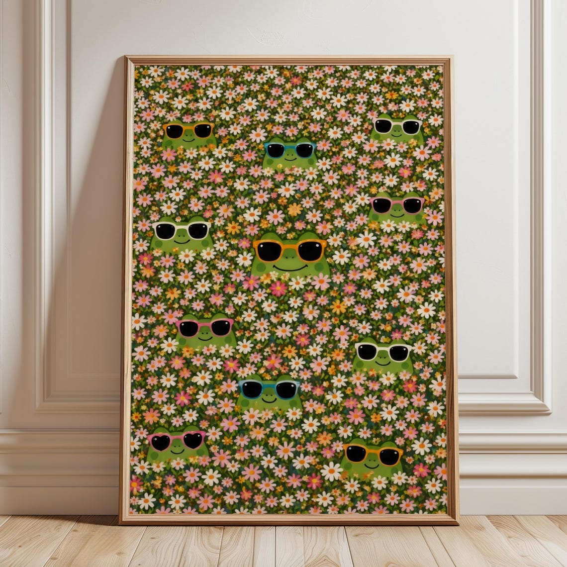Frogs In Sunglasses Flower Meadow Fun Maximalist Kids Poster