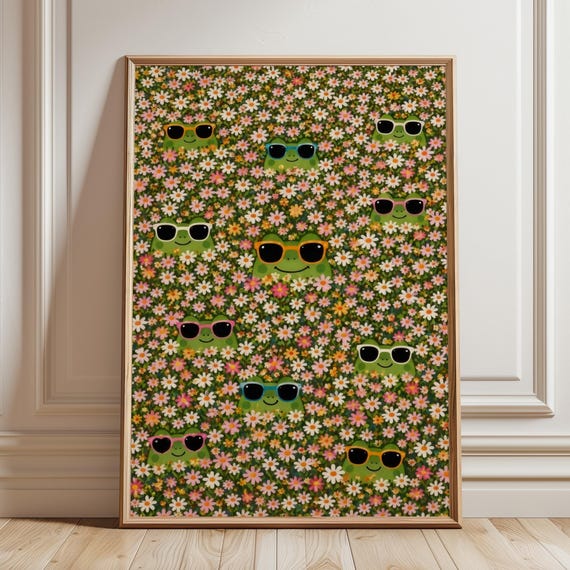Funny Frog Wall Art Print Colorful Kids Room Poster Maximalist Floral Animal Decor Dopamine Funky Cottagecore Painting Digital Download
