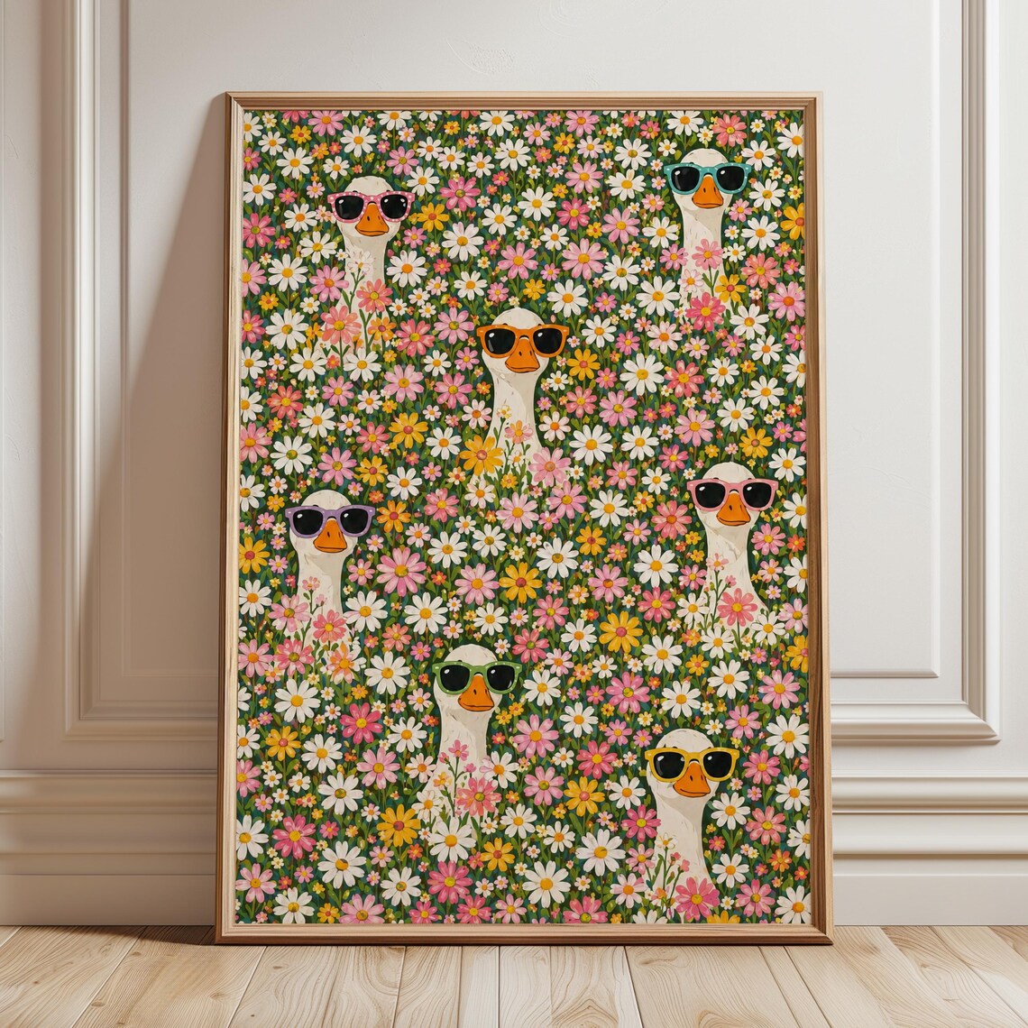 Geese In Sunglasses Flower Meadow Fun Maximalist Kids Poster