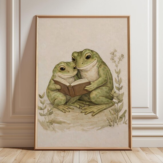 Two Frogs Reading a Book Together Sweet Cottagecore Watercolor Poster