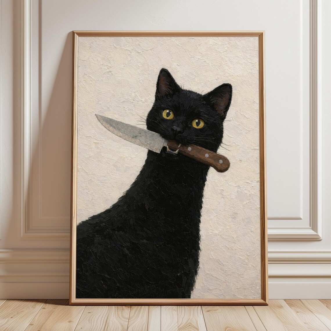 Black Cat Holding Kitchen Knife Dark Humor Funny Impasto Cat Poster
