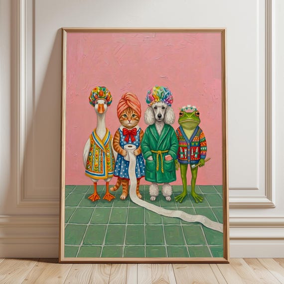 Funny Bathroom Animal Print Whimsical Maximalist Wall Art Colorful Goose Cat Frog Poster Eclectic Powder Room Quirky Kids Dopamine Decor