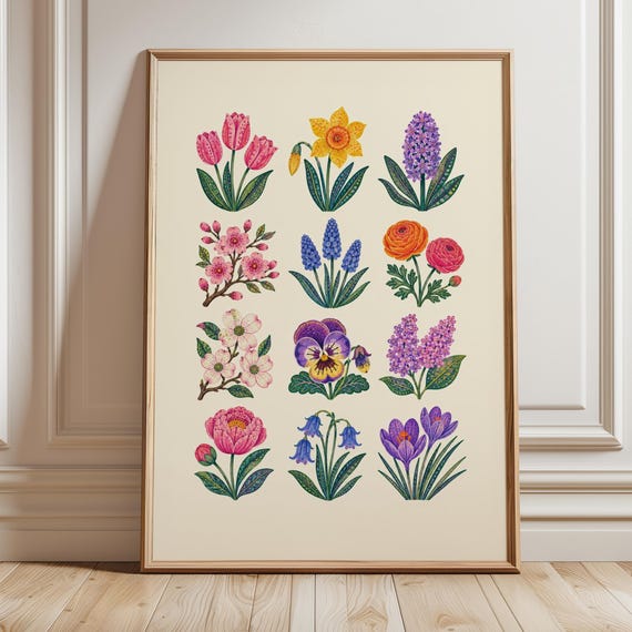 Spring Blooms Collection Wall Art Colorful Floral Botanical Print Cottagecore Wildflower Dopamine Decor Folk Flower Nursery Painting