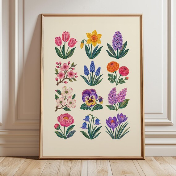 Spring Flowers Botanical Grid Tulip Daffodil Colorful Vintage Print