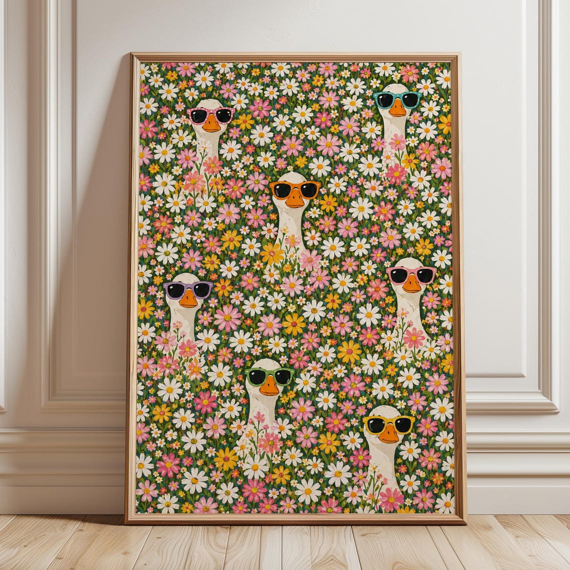 Geese Wearing Sunglasses in Daisy Meadow Fun Colorful Floral Poster