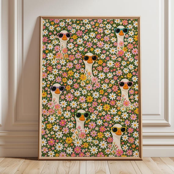 Silly Goose Daisy Meadow Print Funny Geese Colorful Flower Poster Kids Playroom Dopamine Decor Maximalist Sunglasses Animal Floral Pop Art