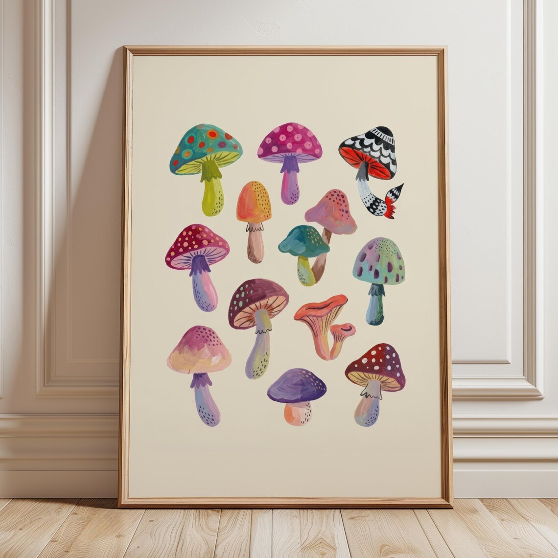 Whimsical Mushroom Collection Colorful Gouache Woodland Fungi Poster