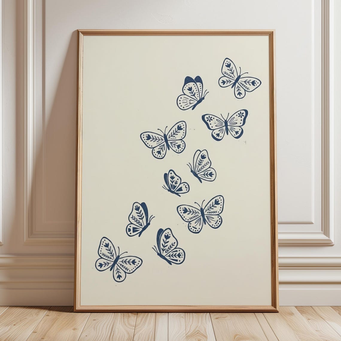 Navy Blue Folk Butterflies Scandinavian Butterfly Poster Minimal Decor