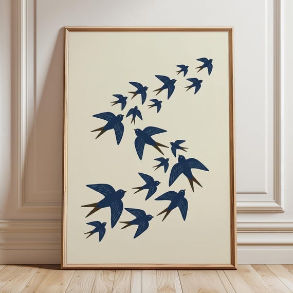 Calm Swallow Birds Print Japandi Scandinavian Bird Poster Minimalist Nordic Folk Art Modern Coastal Living Room Decor Digital Download