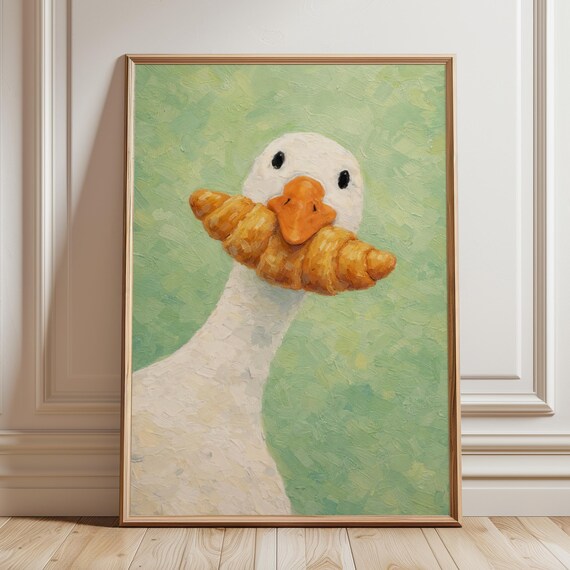 Funny Goose With Croissant Art Print Cottagecore Kitchen Farmhouse Decor Whimsical French Country Breakfast Painting Quirky Cafe