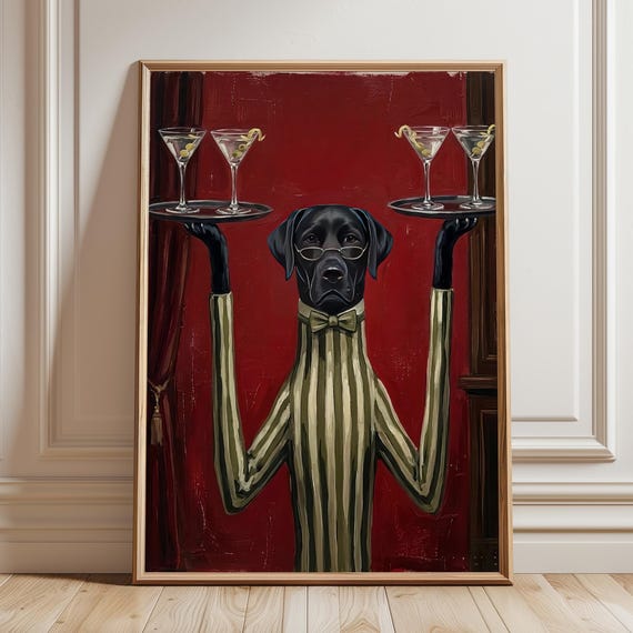 Black Labrador Martini Wall Art Moody Maximalist Dog Print Decor Funny Cocktail Lab Poster Eclectic Bar Cart Artwork Digital Download