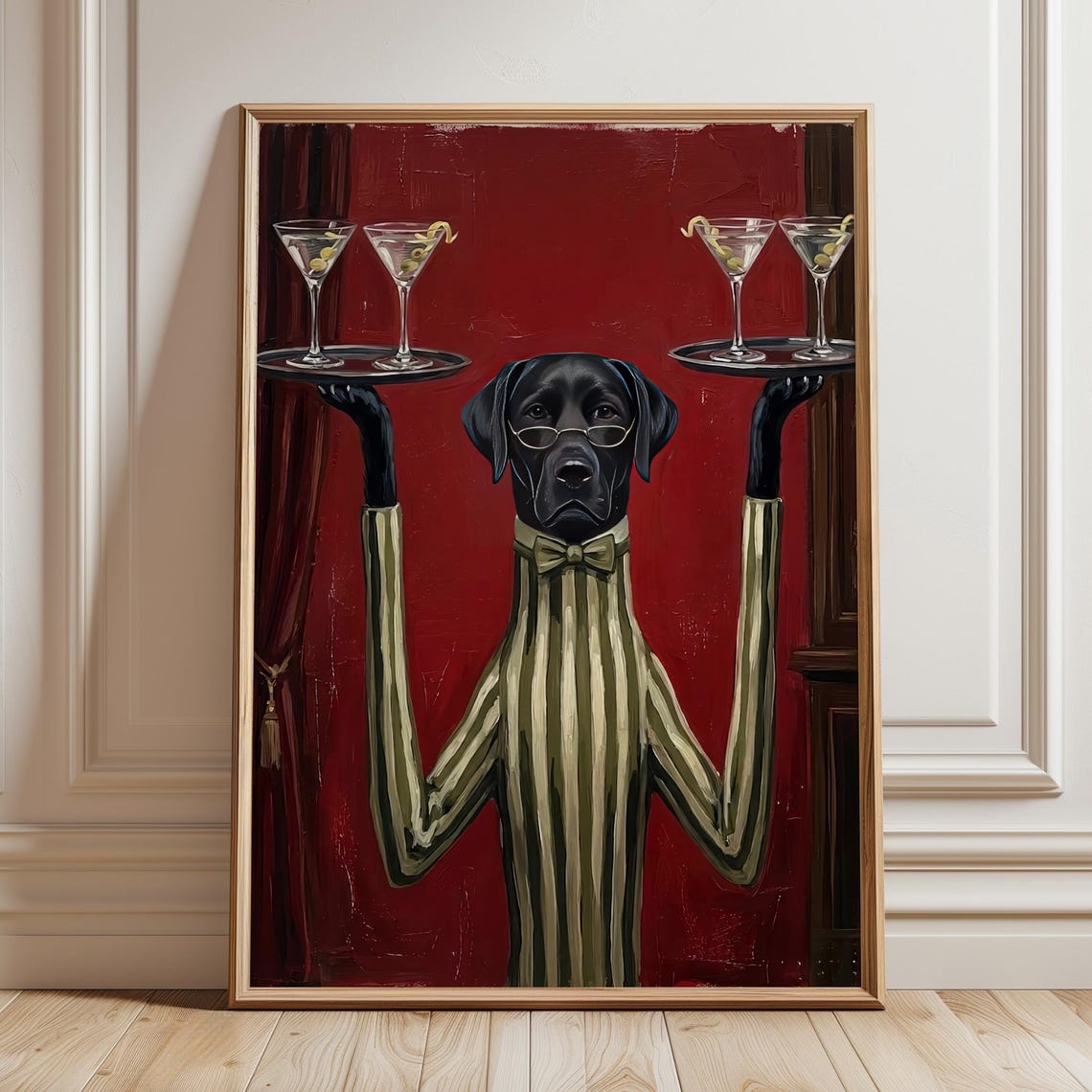 Black Dog Butler Serving Martinis Funny Vintage Style Poster