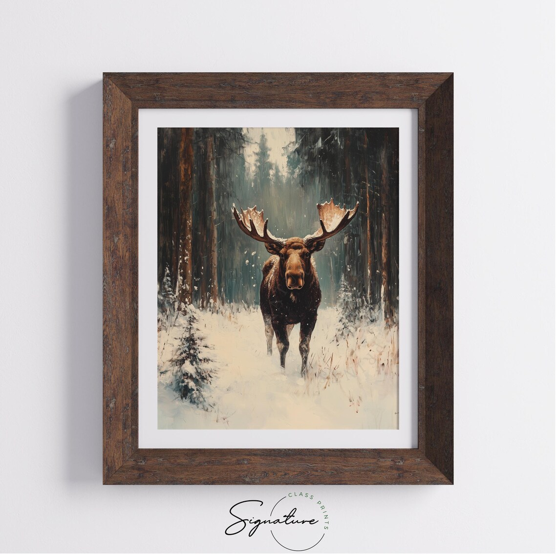 Majestic Moose in Snowy Forest Winter Wildlife Oil Painting Print - Image 3