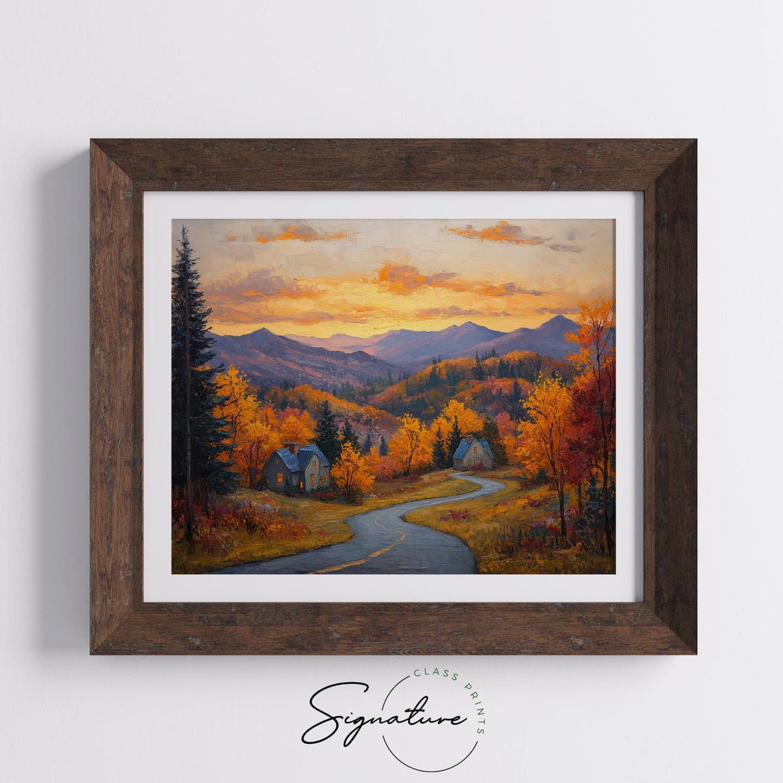Autumn Mountain Road Sunset Cabins Oil Painting Landscape Poster - Image 5