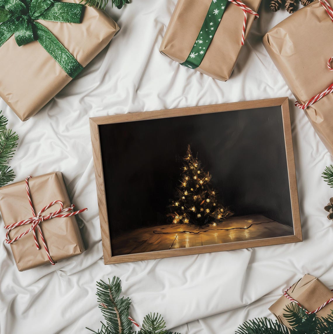 Small Glowing Christmas Tree With Warm Lights in a Dark Room Poster - Image 2