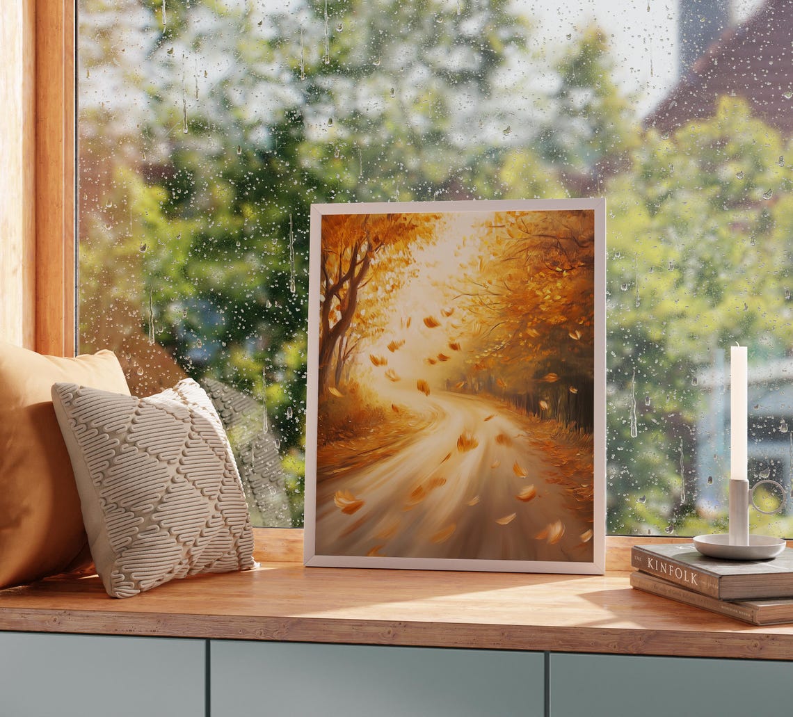 Windy Autumn Road With Swirling Golden Leaves Fall Scene Poster - Image 2
