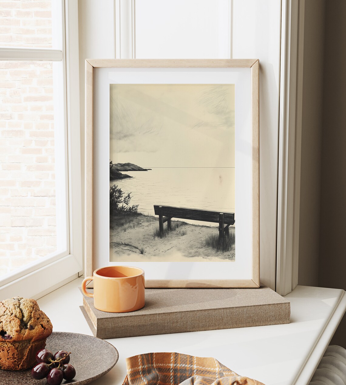 Secluded Cove Bench Overlook Ink Sketch Coastal Calm Minimalist Art Poster - Image 6